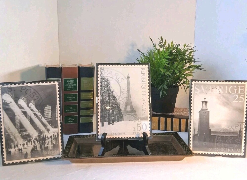 VTG Stamp Art Prints;Set of 3, Paris Eiffel Tower Stockholm, New York;5x7 Prints